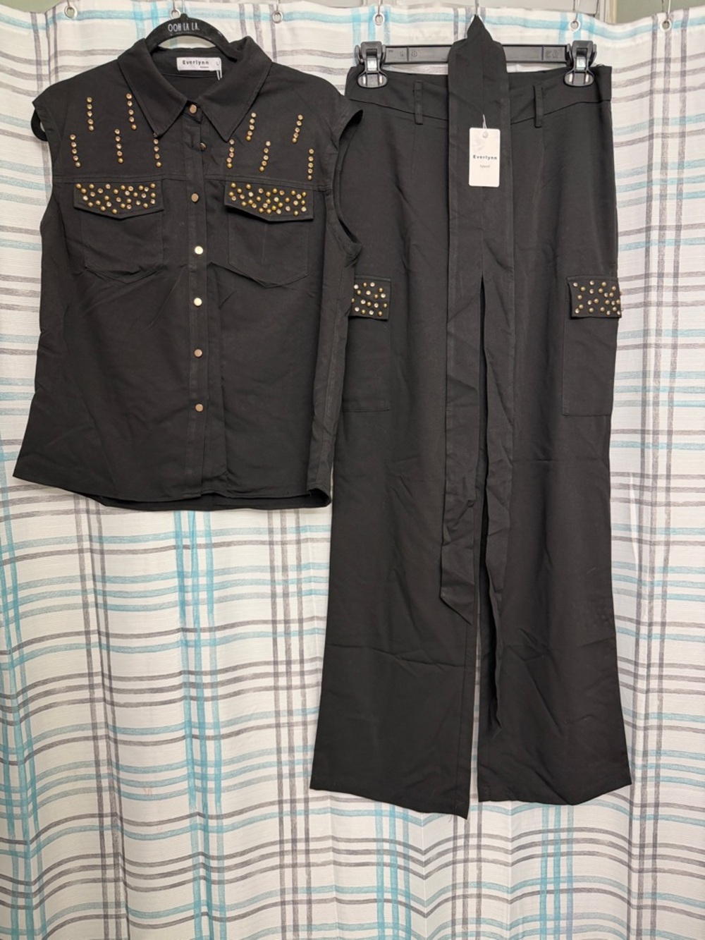 Studded Sleeveless Button-Up Top with Wide Leg Pants